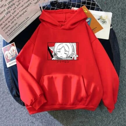 Red hoodie with anime character design